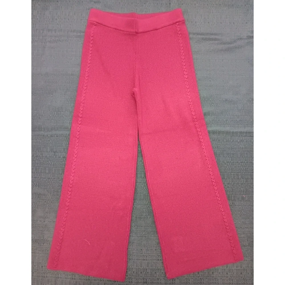 Zenana Women Pink Ribbed Knit 2 Piece Set Short Sleeve Top Wide Leg Pants M NWOT